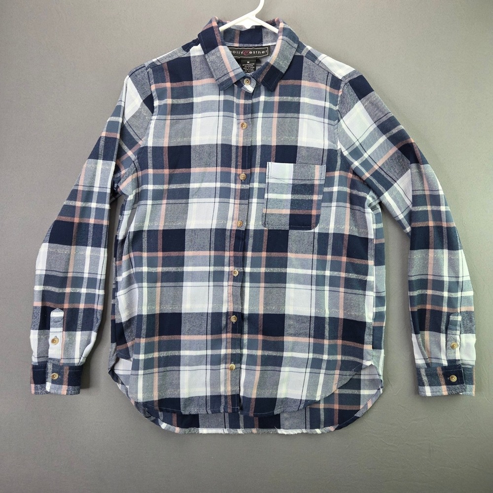 Polly & Esther Plaid Flannel Shirt Size M Navy Pink Button Up Long Sleeve Pocket